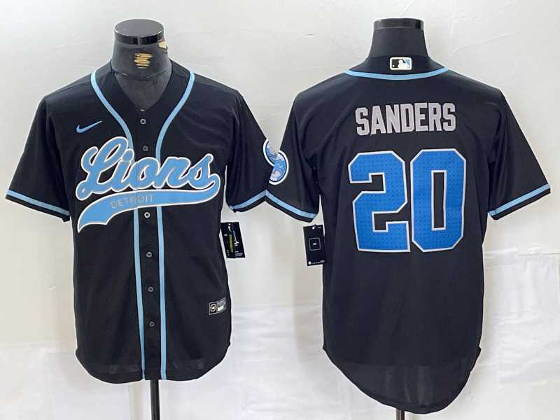 Mens Detroit Lions #20 Barry Sanders Black With Patch Cool Base Stitched Baseball Jersey